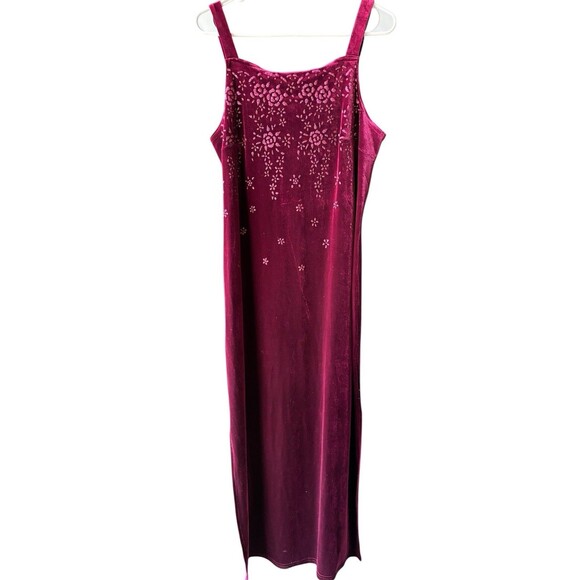 Vtg Burgundy Stretch Velvet Floral Glitter Long Bodycon Dress Whimsigoth Formal - Picture 1 of 11